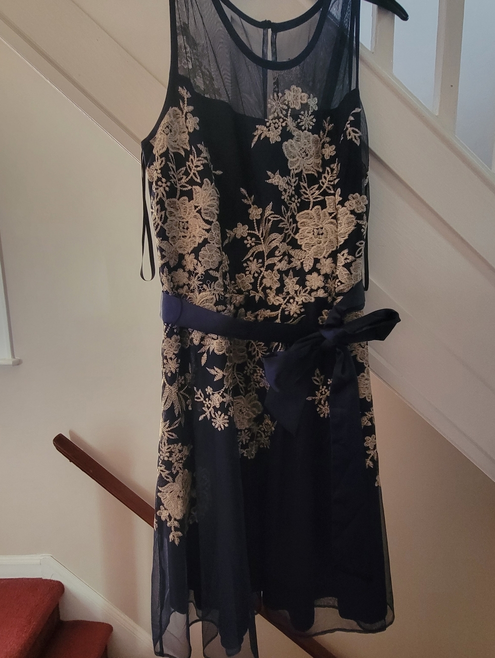 R&K Womens Navy and Cream Floral Lace Overlay Dress with Sash